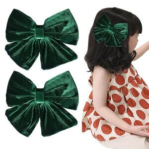 2-Pack 6-inch Velvet Hair Bows Clips Dark Green Baby Toddler Girls